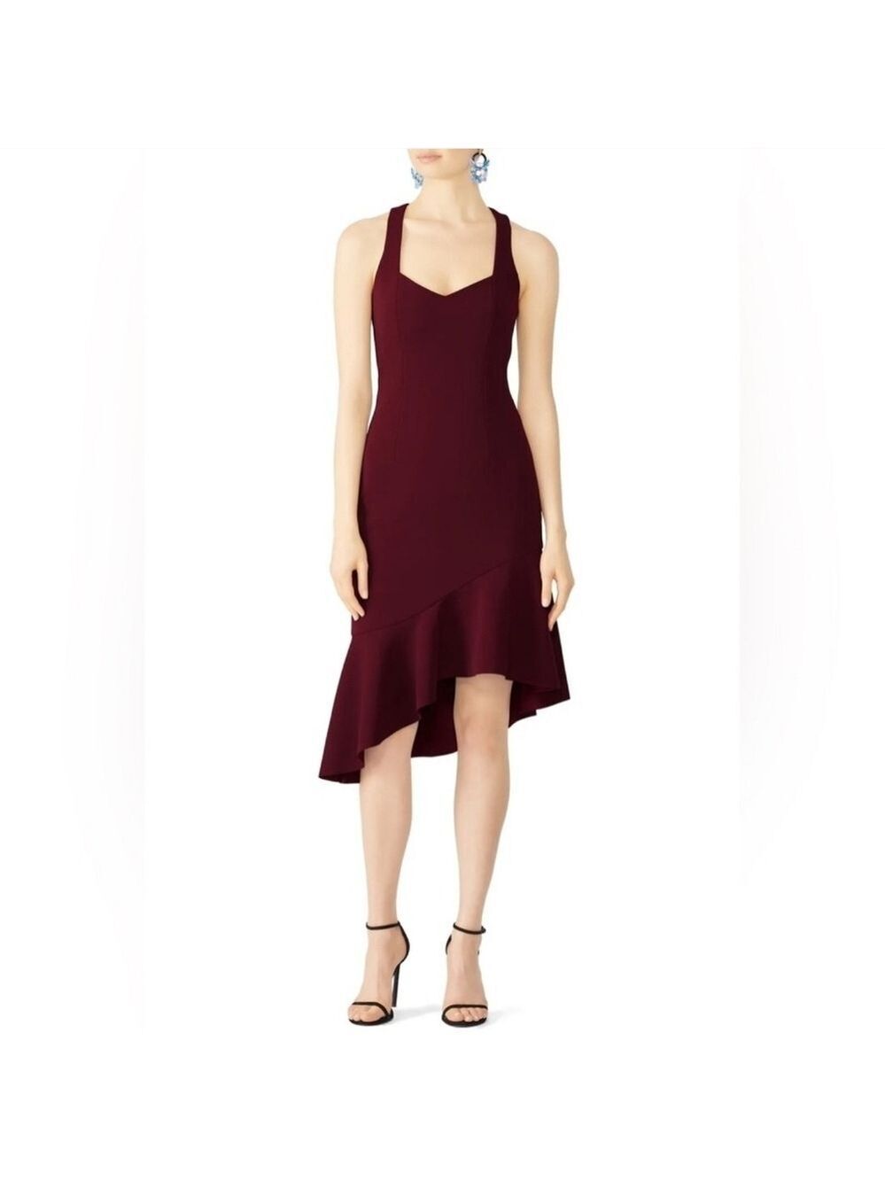 Elliatt Wine Red Asymmetrical Flutter Hem Sweatheart Neck Stretch Crepe Gown L